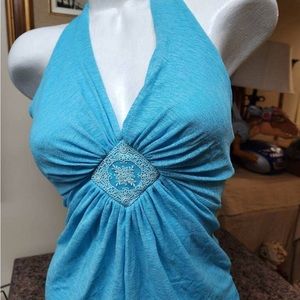 Blue gauze halter top